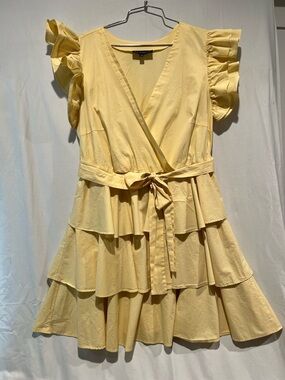 Eloquii Lemon Tie-Waist Ruffle Tiered Mini Dress 16 100% Cotton